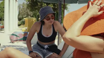 Grey sweat shorts worn by Peg (Jessica Henwick) as seen in Glass Onion: A Knives Out Mystery movie outfits