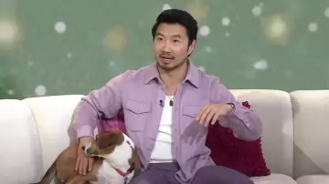 God's True Cashmere Cashmere Shirt in Mauve worn by Simu Liu as seen in Today with Hoda & Jenna on March 13, 2024
