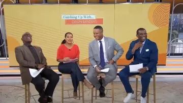 Cinq a Sept Azure Wide Leg Jeans worn by Sheinelle Jones as seen in Today on March 14, 2024