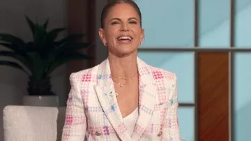 L'Agence Kenzie Double Breasted Tweed Blazer worn by Natalie Morales as seen in The Talk on March 14, 2024