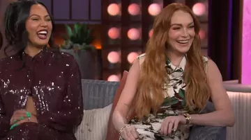 Monse Floral Skeleton Print Asymmetric Velvet Dress worn by Lindsay Lohan as seen in The Kelly Clarkson Show on March 11, 2024