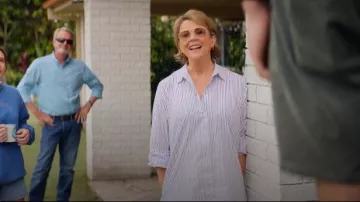 Eileen Relaxed Button-Up Shirt In Navy And Pink Stripe worn by Joy Delaney (Annette Bening) as seen in Apples Never Fall (S01E01)