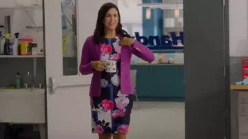 Vince Camuto Cap Sleeve Printed Scuba Bodycon Dress worn by Shannon Ross (Nicole Power) as seen in Kim's Convenience (S05E02)