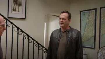 John Varvatos Leather Band Collar Moto Jacket worn by Freddy Funkhouser (Vince Vaughn) as seen in Curb Your Enthusiasm (S12E07)