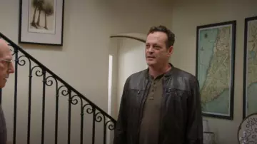 John Varvatos Leather Band Collar Moto Jacket worn by Freddy Funkhouser (Vince Vaughn) as seen in Curb Your Enthusiasm (S12E07)