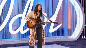 Amazon Women Ethnic Knit Cardigan Sweater Vintage Fringe Boho Long Coat Fancy Print Outwear with Pockets worn by Lillian Hackett as seen in American Idol(S22E04)
