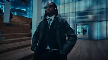 Prada Black Leather Triangle Logo Bolo Tie worn by Offset in Prada Dem by Gunna [Official Video]
