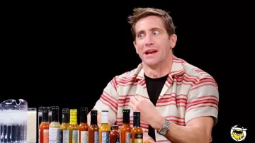 Jake Gyllenhaal's short-sleeved red striped Bode jacket on Hot Ones