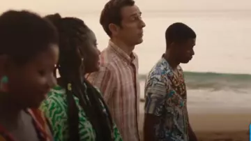 Asos Design Regular Revere Satin Shirt Pattern Border Print worn by Officer Marlon Pryce (Tahj Miles) as seen in Death in Paradise (S13E01)