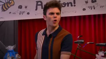 Express Asymmetrical Striped Short Sleeve Zip Sweater Polo worn by Chaos (Reed Horstmann) as seen in The Villains of Valley View (S02E17)