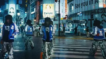 Sanrio Blue & Pink Hello Kitty Souvenir Jacket worn by Ski Mask the Slump God in Shibuya (Official Video)