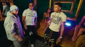 Denim pants with patches worn by NLE Choppa in his Walk Em Down music video  feat. Roddy Ricch