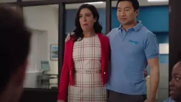 J.Crew Belted Bi-Stretch Cotton Dress with Floral Border worn by Shannon Ross (Nicole Power) as seen in Kim's Convenience (S05E12)
