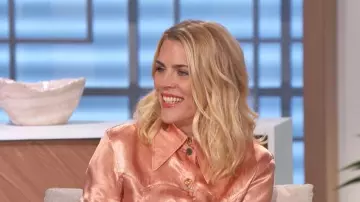 Rejina Pyo Camille Shirt Ac­etate Satin Pink worn by Busy Philipps as seen in The Talk on March 27, 2024