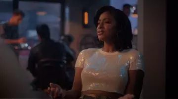 Alexander Wang Sequin-embellished T-shirt worn by Annika Longstreet (Justine Skye) as seen in grown-ish (S06E10)