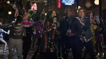 Halperin Striped Sequined Satin Mini Dress worn by Alison Namazi (Janina Gavankar) as seen in The Morning Show (S02E01)