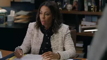 Theory Square Dot Blouse worn by Mia Jordan (Karen Pittman) as seen in The Morning Show (S02E02)