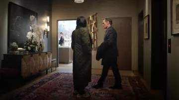 Ganni Oversized Quilted Coat worn by Stella Bak (Greta Lee) as seen in The Morning Show (S02E03)