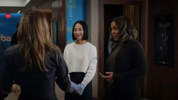 T by Alexander Wang Lay­ered Cropped Sweater worn by Stella Bak (Greta Lee) as seen in The Morning Show (S02E03)