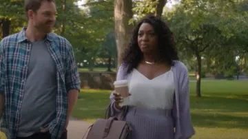 Mango Satin Lace Top worn by Sloane Mitchell (Enuka Okuma) as seen in Workin' Moms (S06E09)