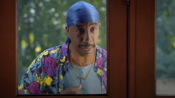 Empyre Floral Black Yellow & Teal Woven Short Sleeve Button Up Shirt worn by Leon (J. B. Smoove) as seen in Curb Your Enthusiasm (S12E09)