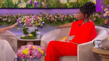 Karen Millen Compact Stretch Viscose Belted Flare Jumpsuit worn by Jennifer Hudson as seen in The Jennifer Hudson Show on April 1, 2024