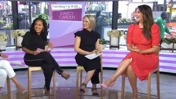 Kate Spade Ruched Dot Stretch Crepe Midi-Dress worn by D'Arcy Carden as seen in Today on April 1, 2024