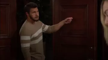 Todd Snyder Cashmere Stripe Sweatshirt in Camel worn by Liam Spencer ( Scott Clifton) as seen in The Bold and the Beautiful on April 1, 2024