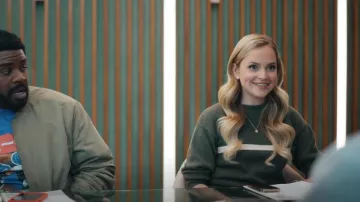 J.Crew Green Wool Pullover Winter Sweater W/Tan Stripe worn by Ainsley (Stephanie Styles) as seen in Loot (S02E01)