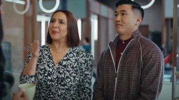 Todd Snyder Hound­stooth Wool Track Jack­et In Wineberry worn by Nicholas (Joel Kim Booster) as seen in Loot (S02E02)