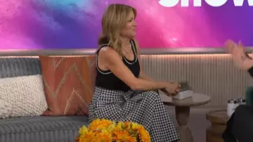 Tanya Taylor De­von Mixed Me­dia Mi­di Dress worn by Kit Hoover as seen in The Kelly Clarkson Show on April 5, 2024