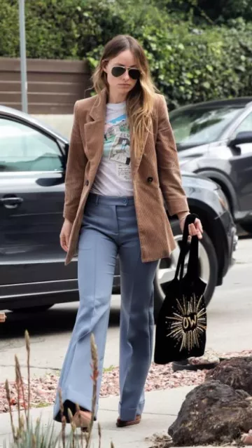 Mango Oversized Corduroy Blazer worn by Olivia Wilde Little Dom’s in Los Feliz on February 17, 2024