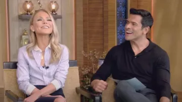 Celine Romy Shirt in Striped Silk worn by Kelly Ripa as seen in LIVE with Kelly and Mark on  April 8, 2024