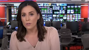 Joie Bolona Poet-Sleeve Button-Front Silk Blouse In Pink Sky worn by Hallie Jackson as seen in Today on  April 11, 2024