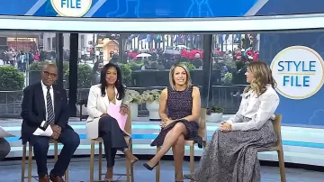 Staud Rocco Dress In Ivory Micro Stirpe worn by Katie Sands as seen in Today on  April 12, 2024