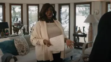Marina Rinaldi Wool Embellished Cardigan worn by Margo (Retta) as seen in Elsbeth (S01E04)