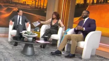 Smythe Bootcut Pants in Charcoal Mustard worn by Gayle King as seen in CBS Mornings on April 12, 2024