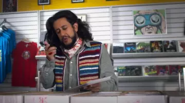 Tabi International Vintage Retro Rainbow Striped Wool Yarn Knit Vest worn by The Collector (Kris Siddiqi) as seen in I Woke Up a Vampire(S02E04)