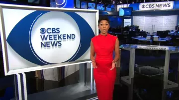 Express Draped Mock Neck Midi Dress worn by Jericka Duncan as seen in CBS Evening News on April 15, 2024