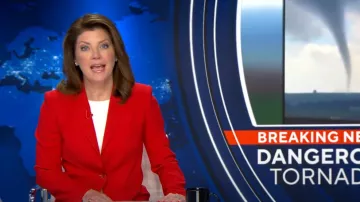 Alexander McQueen Sin­gle Breast­ed Crepe Blaz­er worn by Norah O'Donnell as seen in CBS Evening News on April 16, 2024