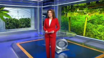 Alexander McQueen Mid Rise Flared Pants worn by Norah O'Donnell as seen in CBS Evening News on April 16, 2024
