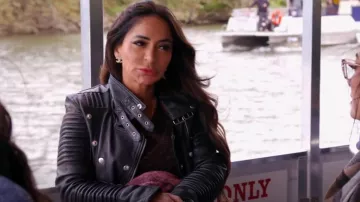 Mango Leather Bik­er Jack­et worn by Angelina Pivarnick as seen in Jersey Shore: Family Vacation (S07E09)