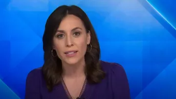 Elie Tahari Embroidered Silk Shirt In Winter Plum worn by Hallie Jackson as seen in Today on April 18, 2024