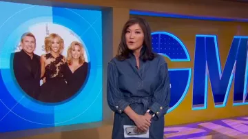 Anna Mason Wo Mia Contrast Stitch Denim Minidress worn by Juju Chang as seen in Good Morning America on April 19, 2024