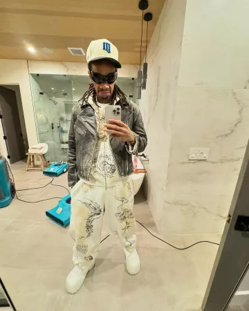 Balenciaga White Dirty Tat-Print Baggy Sweatpants worn by Wiz Khalifa on the Instagram account @wizkhalifa