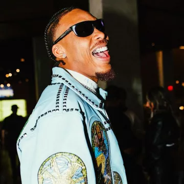 Who Decides War Light Blue Studded Leather 'Eternity' Jacket worn by Justin Jefferson on the Instagram account @jjettas2