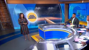 Eudon Choi Collective Tie Waist Printed Midi Dress worn by Juju Chang as seen in Good Morning America on April 24, 2024