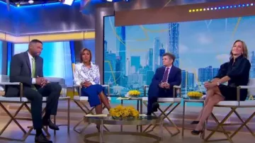 Ferragamo Printed Silk Button-Up Blouse In Toni Lapis Off White worn by Robin Roberts as seen in Good Morning America on April 24, 2024