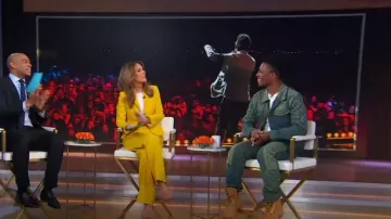 Marine Serre Logo-Print Straight-Leg Jeans worn by Breland as seen in Good Morning America on April 24, 2024