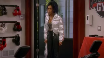 H&M Shim­mery Metal­lic Puffer Jack­et worn by Tasha (Gabrielle Dennis) as seen in The Upshaws (S05E05)